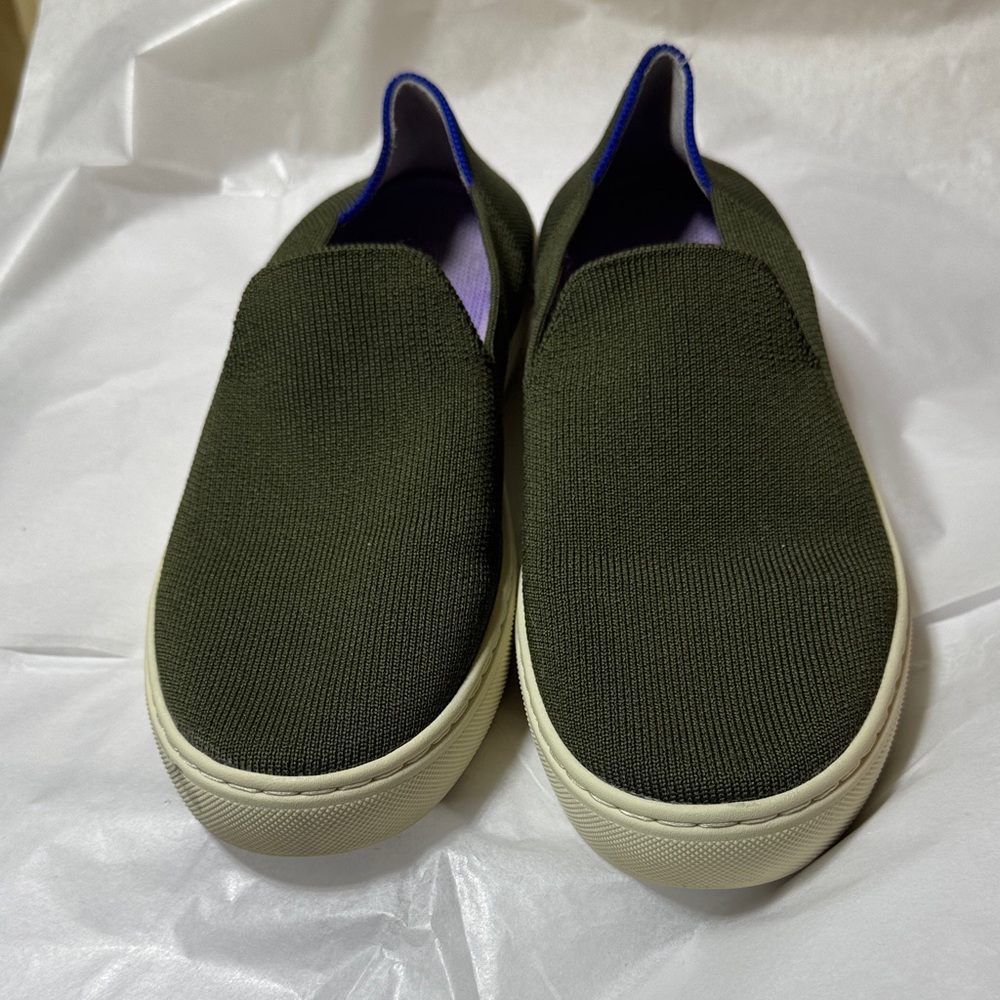 Rothy's Olive Slip-On Shoes with Blue Trim - Picture 3 of 16